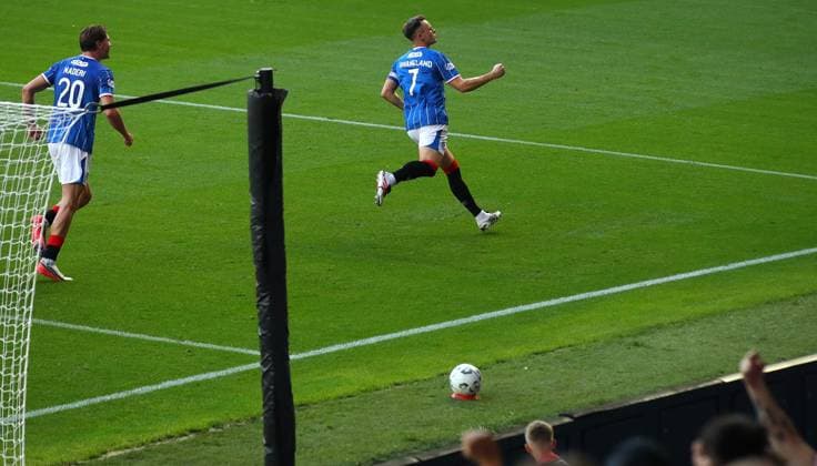 Rangers captain Lawrence Shankland celebrates his goal from the penalty spot during the Europa League qualifying match at Ibrox Stadium, Glasgow. Rangers v Jagiellonia Bialystok - UEFA Europa League 3rd Round Qualifying - Ibrox Stadium, Glasgow, Lanarkshire, Scotland, UK - 13 Aug 2026Glasgow Ibrox Lanarkshire United Kingdom EDITORIAL USE ONLY  Copyright: xO Rourke RangersxFC Shutterstockx 17070075f