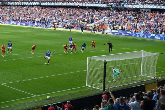 Rangers captain Lawrence Shankland scores from the penalty spot during the Europa League qualifying match at Ibrox Stadium, Glasgow. Rangers v Jagiellonia Bialystok - UEFA Europa League 3rd Round Qualifying - Ibrox Stadium, Glasgow, Lanarkshire, Scotland, UK - 13 Aug 2026Glasgow Ibrox Lanarkshire United Kingdom EDITORIAL USE ONLY  Copyright: xO Rourke RangersxFC Shutterstockx 17070075a