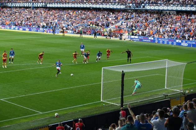 Rangers captain Lawrence Shankland scores from the penalty spot during the Europa League qualifying match at Ibrox Stadium, Glasgow. Rangers v Jagiellonia Bialystok - UEFA Europa League 3rd Round Qualifying - Ibrox Stadium, Glasgow, Lanarkshire, Scotland, UK - 13 Aug 2026Glasgow Ibrox Lanarkshire United Kingdom EDITORIAL USE ONLY  Copyright: xO Rourke RangersxFC Shutterstockx 17070075b