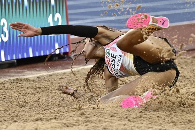 Belgian Saliyya Guisse pictured in action during the women s triple jump event on the fourth day of the European Athletics Championships (August 10-18) in Birmingham, United Kingdom, on Thursday 13 August 2026. ERICxLALMAND  x183318227x