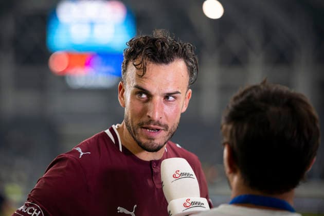 SOCCER - UEFA EL, Pafos vs RBS LIMASSOL,CYPRUS,13.AUG.26 - SOCCER - UEFA Europa League, qualification, Pafos FC vs Red Bull Salzburg. Image shows Haris Tabakovic (RBS) during an interview with Servus TV.  GEPAxpictures xXenophonxKarakalo