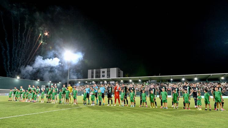 UEFA Europa League Third Qualifying Round Second Leg, Egnatia Arena, Albania 13 8 2026 KF Egnatia vs Shamrock Rovers Both teams take to the field ahead of the match Both teams take to the field ahead of the match 13 8 2026  Copyright: xinphox DSC_1851