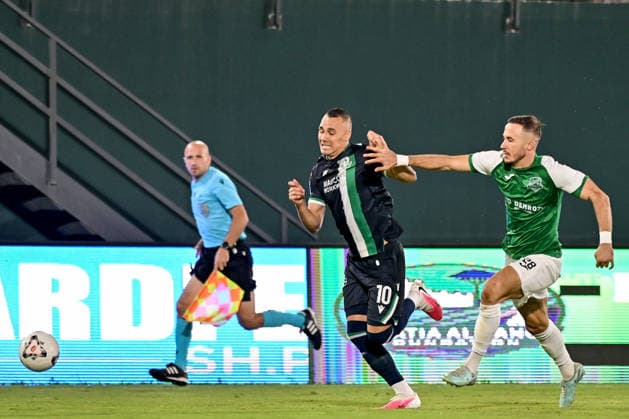 UEFA Europa League Third Qualifying Round Second Leg, Egnatia Arena, Albania 13 8 2026 KF Egnatia vs Shamrock Rovers Shamrock Rovers Graham Burke and Egnatia™s Elion Sota Graham Burke and Elion Sota 13 8 2026  Copyright: xinphox DSC_1857
