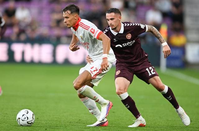 Amar Dedic of Benfica and Tom Renaud of Hearts Heart of Midlothian v Benfica, UEFA Europa League, 3rd Qualifying Round, Second Leg, Football, Tynecastle Park, Edinburgh, Scotland, UK - 13 Aug 2026Edinburgh Tynecastle Park United Kingdom  Copyright: xNeilxHanna Shutterstockx 17069356ar