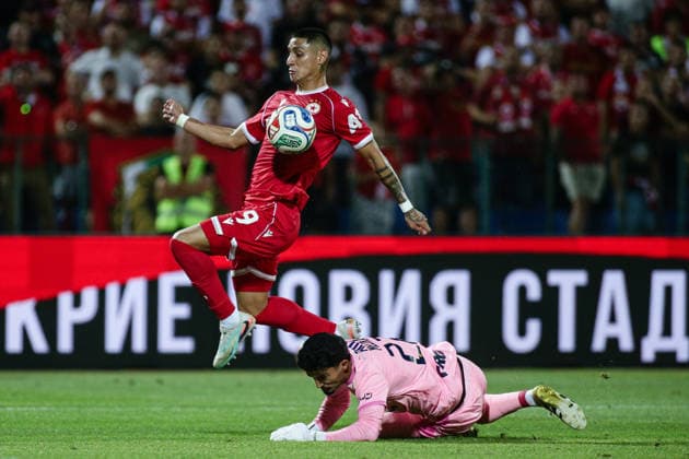 IPA87453951 - CSKA s Leandro Godoy in action against Maccabi s Ofek Melika during the Europa League qualifying match between PFC CSKA and Maccabi Tel Aviv FC at Vasil Levski National Stadium in Sofia, Bulgaria, on August 13, 2026  Copyright: xIvanxSxIvanov IPAxSportx xx 87453951