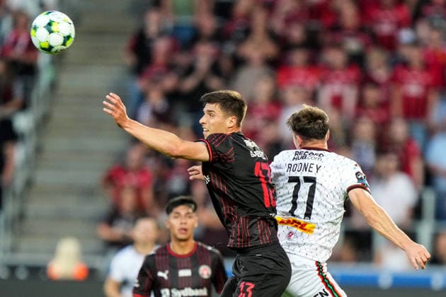 UEFA Europa Conference League Third Qualifying Round Second Leg, MCH Arena, Denmark 13 8 2026 FC Midtjylland vs Bohemians Bohemians™ Dayle Rooney battles with Midtjylland™s Adam Gabriel for a header Dayle Rooney battles with Adam Gabriel for a header 13 8 2026  Copyright: xx 20260813-213317-L-2