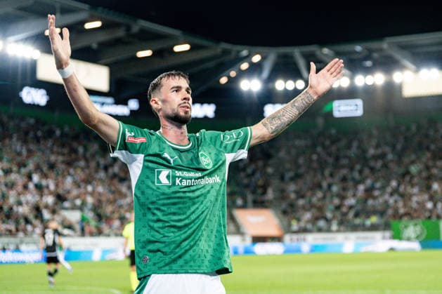 Fussball, UEFA Conference League Qualifikation: FC St. Gallen 1879 vs. FC Sheriff Tiraspol - Donnerstag, 13.08.2026 (Berit Sitterstadion, St. Gallen, Schweiz); Mihailo Stevanovic (64, FC St. Gallen) jubelt zum 5:1, Tor, Torjubel *** Soccer, UEFA Conference League Qualifying Round: FC St. Gallen 1879 vs. FC Sheriff Tiraspol, Thursday, August 13, 2026, Berit Sitter Stadium, St. Gallen, Switzerland, Mihailo Stevanovic 64, FC St. Gallen celebrates a 5–1 lead; goal; goal celebration Copyright: xValentinxDomgjonix