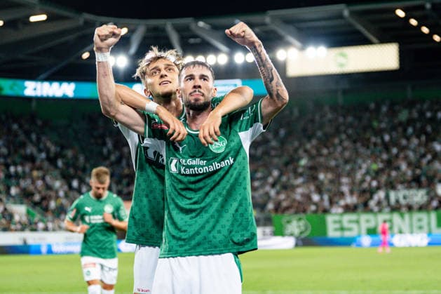Fussball, UEFA Conference League Qualifikation: FC St. Gallen 1879 vs. FC Sheriff Tiraspol - Donnerstag, 13.08.2026 (Berit Sitterstadion, St. Gallen, Schweiz); Corsin Konietzke (63, FC St. Gallen) und Mihailo StevanoviÄ‡, Mihailo Stevanovic (64, FC St. Gallen) jubeln nach dem Tor von Mihailo StevanoviÄ‡, Mihailo Stevanovic (64, FC St. Gallen) zum 5:1, Tor, Torjubel *** Soccer, UEFA Conference League Qualifying Round: FC St. Gallen 1879 vs. FC Sheriff Tiraspol, Thursday, August 13, 2026, Berit Sitter Stadium, St. Gallen, Switzerland. Corsin Konietzke (63), FC St. Gallen, and Mihailo Stevanovic, Mihailo Stevanovic 64, FC St. Gallen celebrate after Mihailo Stevanovic’s goal, Mihailo Stevanovic 64, FC St. Gallen make it 5–1, goal, goal celebration Copyright: xValentinxDomgjonix