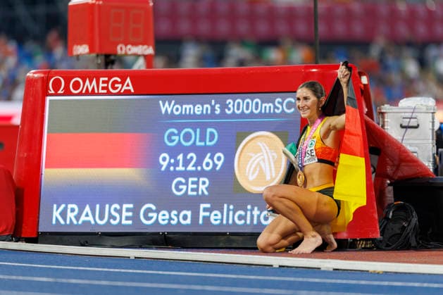 BIRMINGHAM, GREAT BRITAIN - AUGUST 13, 2026: Gesa Felicitas KRAUSE (GER Germany) wins Gold with a new championship record in the 3000m steeple chase during the European Athletics Championships at Alexander Stadium on August 13, 2026 in Birmingham, Great Britain. Great Britain Copyright: xAxelxKohringx