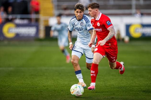 DUBLIN , 13-08-2026, Tolka Park Stadium , season 2026 2027 , UEFA Conference League play-off football . Match between Shelbourne FC and Ajax, Picture shows Ajax player Maher Carrizo Shelbourne - Ajax  x205682976x Copyright: