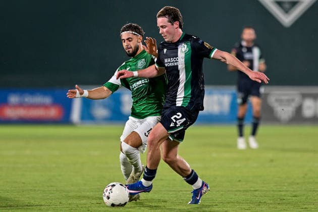 UEFA Europa League Third Qualifying Round Second Leg, Egnatia Arena, Albania 13 8 2026 KF Egnatia vs Shamrock Rovers Shamrock Rovers Will Fitzgerald is tackled by Alessandro Albanese Will Fitzgerald is tackled by Alessandro Albanese 13 8 2026  Copyright: xinphox DSC_1899