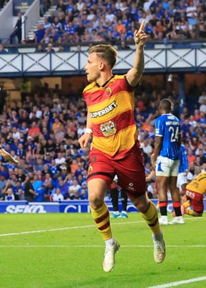 Rangers v Jagiellonia BiaÅ‚ystok UEFA Europa League Nik Prelec of Jagiellonia BiaÅ‚ystok celebrates scoring his teams first goal during the UEFA Europa League Third Qualifying Round Second Leg match at Ibrox Stadium, Glasgow 13 08 2026 UK Newspapers OUT Copyright: xFredxPalmerx FIL-23767-0072