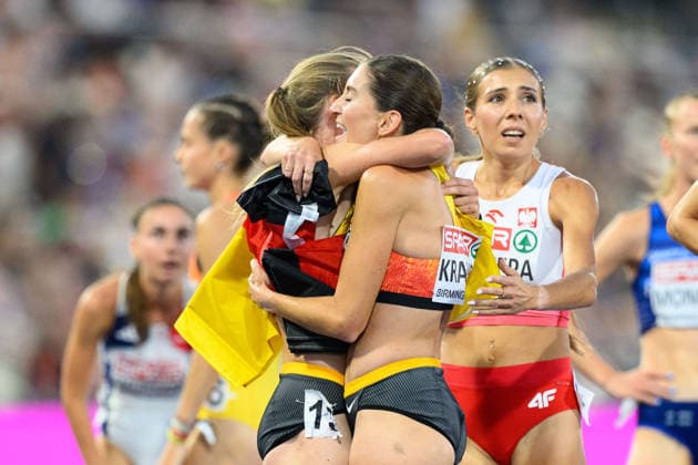 BIRMINGHAM, GREAT BRITAIN - August 13: Gesa Felicitas Krause (Germany) and Olivia Gürth (Germany) after the 3000 metres steeplechase final during the European Athletics Championships 2026 at Alexander Stadium in Birmingham, Great Britain (Photo by Sven Beyrich Sports Press Photo)  Copyright: xSvenxBeyrich SportsxPressxPhotox Sportspressphoto_SPR205584