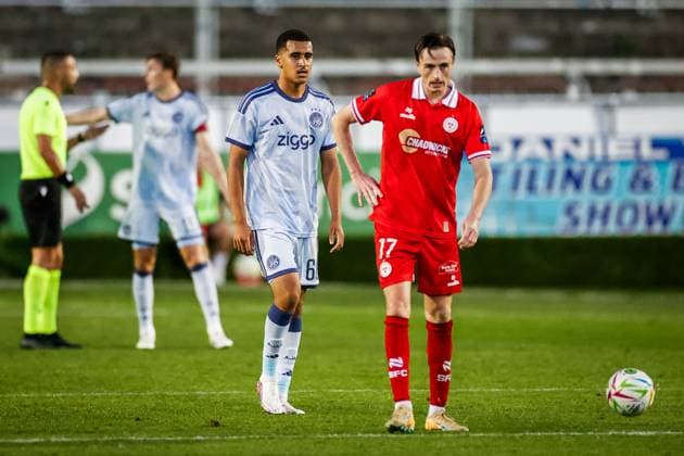 DUBLIN , 13-08-2026, Tolka Park Stadium , season 2026 2027 , UEFA Conference League play-off football . Match between Shelbourne FC and Ajax, Picture shows Ajax player Abdellah Ouazane disappointed after the 2-2 Shelbourne - Ajax  x205683794x Copyright: