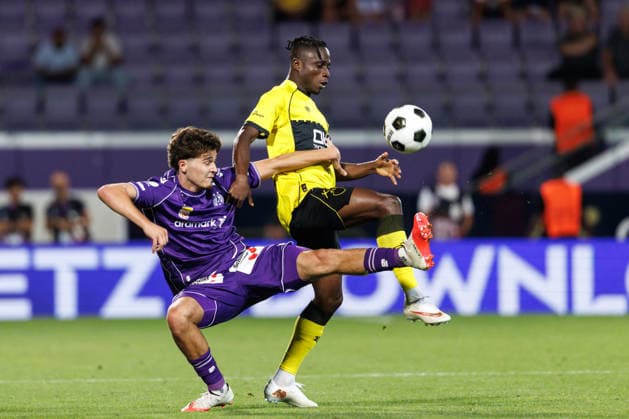 SOCCER - UEFA ECL, A.Wien vs Beita VIENNA,AUSTRIA,13.AUG.26 - SOCCER - UEFA Conference League, qualification, FK Austria Wien vs Beitar Jerusalem. Image shows Moritz Wels (A.Wien) and Nana Antwi (Beitar).  GEPAxpictures xArminxRauthner