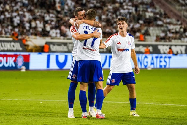 Fussball: Kroatien: UEFA Conference League Qualifikation 2026 2027 - 3. Runde, 13.08.2026 - HNK Hajduk Split (Kroatien) vs. FK Zalgiris Vilnius (Litauen) - Stadion Poljud (Split, Kroatien); Dario Maresic (Hajduk Split) und Dario Melnjak (Hajduk Split) bejubeln das Tor zum 1-0 *** Soccer Croatia UEFA Conference League Qualifiers 2026–2027, Round 3, August 13, 2026, HNK Hajduk Split (Croatia) vs. FK Žalgiris Vilnius (Lithuania), Poljud Stadium, Split, Croatia. Dario Maresic (Hajduk Split) and Dario Melnjak (Hajduk Split) celebrate the 1–0 goal. Copyright: xLUKAxKOLANOVICx
