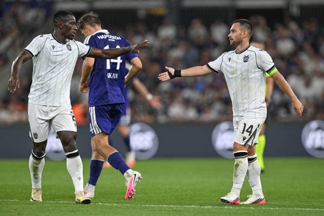 260813 RSC Anderlecht vs PAOK Mady Camara (2) of PAOK and Andrija Zivkovic (14) of PAOK celebrate pictured during the third qualifying round - 2nd leg in the 2026-2027 Uefa Europa League season between RSC Anderlecht and PAOK FC Saloniki from Greece on August 13 , 2026 in Anderlecht, Belgium. (Photo by David Catry Isosport) Anderlecht Belgium  Copyright: xDavidxCatryx 20260813DC2_4687