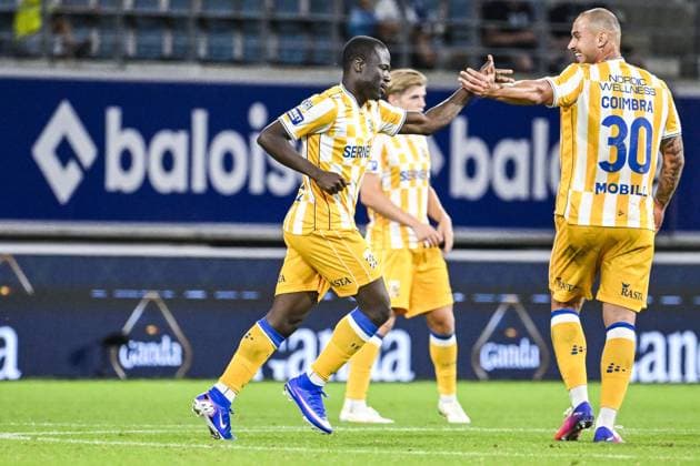 IFK Goteborg s Saidou Alioum celebrates after scoring during a game between Belgian KAA Gent and Swedish IFK Goteborg , in Gent, Belgium, on Thursday 13 August 2026, a return leg game in the third qualifying round of the UEFA Conference League competition. Gent won 0-1 the first leg. TOM GOYVAERTS TomxGoyvaerts  x183322027x