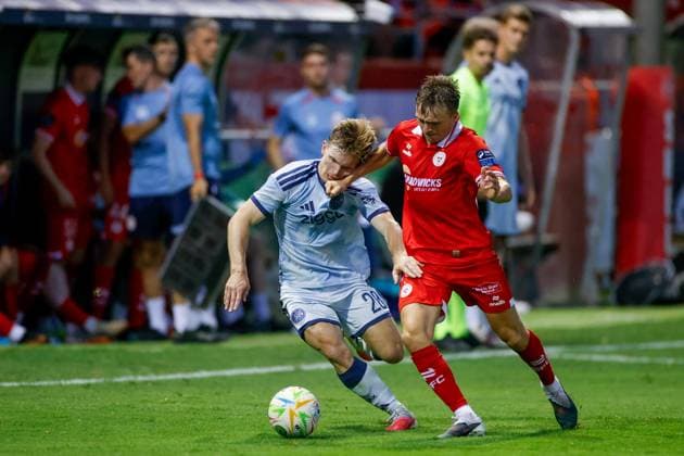 DUBLIN , 13-08-2026, Tolka Park Stadium , season 2026 2027 , UEFA Conference League play-off football . Match between Shelbourne FC and Ajax, Picture shows Ajax player Oliver Edvardsen Shelbourne - Ajax  x205683989x Copyright:
