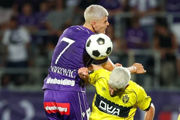 13.August.2026 - SOCCER - 2026 27 UEFA Conference League, Third Qualifying Round, 2nd Leg, FK Austria Wien vs Beitar Jerusalem Vasilije Markovic (Austria Wien) and Tomer Yosefi (Beitar Jerusalem) in aerial duel Vienna Franz-Horr-Stadion (Generali-Arena) Vienna Austria Copyright: xYigitxOermex xPsxImagesxYigitxOermex xPsxImagesx