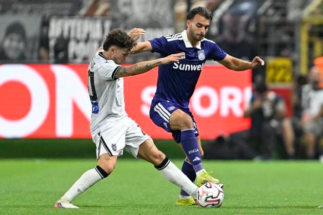 RSC Anderlecht v PAOK - UEFA Europa League ANDERLECHT, BELGIUM - AUGUST 13 : Rahman Baba Abdul of PAOK FC and Ambros Lukas midfielder of RSC Anderlecht during the UEFA Europa League 2026 27 third qualifying round between RSC Anderlecht and PAOK on August 13, 2026 in Anderlecht, Belgium, 13 08 2026 Anderlecht Belgium  Copyright: xDhax