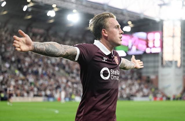 Calvin Miller of Hearts thought that he had given his side the lead before VAR intervened Heart of Midlothian v Benfica, UEFA Europa League, 3rd Qualifying Round, Second Leg, Football, Tynecastle Park, Edinburgh, Scotland, UK - 13 Aug 2026Edinburgh Tynecastle Park United Kingdom  Copyright: xNeilxHanna Shutterstockx 17069356az