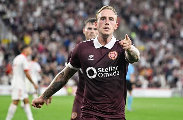 Calvin Miller of Hearts thought that he had given his side the lead before VAR intervened Heart of Midlothian v Benfica, UEFA Europa League, 3rd Qualifying Round, Second Leg, Football, Tynecastle Park, Edinburgh, Scotland, UK - 13 Aug 2026Edinburgh Tynecastle Park United Kingdom  Copyright: xNeilxHanna Shutterstockx 17069356aw
