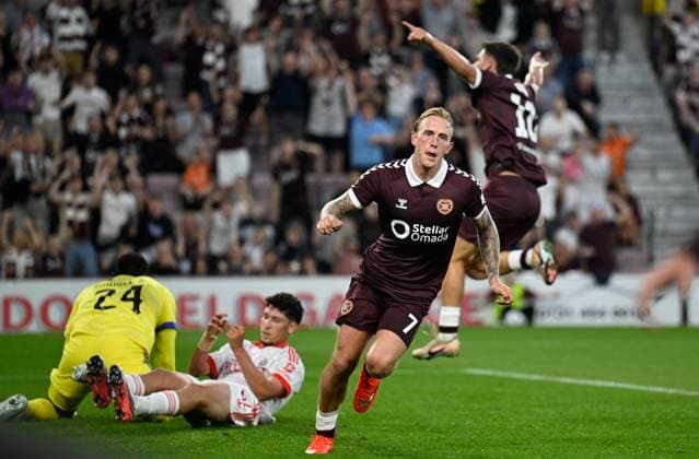 Calvin Miller of Hearts thought that he had given his side the lead before VAR intervened Heart of Midlothian v Benfica, UEFA Europa League, 3rd Qualifying Round, Second Leg, Football, Tynecastle Park, Edinburgh, Scotland, UK - 13 Aug 2026Edinburgh Tynecastle Park United Kingdom  Copyright: xNeilxHanna Shutterstockx 17069356bb