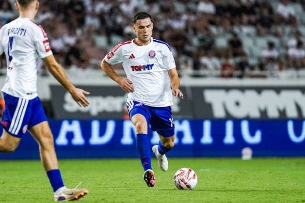 Fussball: Kroatien: UEFA Conference League Qualifikation 2026 2027 - 3. Runde, 13.08.2026 - HNK Hajduk Split (Kroatien) vs. FK Zalgiris Vilnius (Litauen) - Stadion Poljud (Split, Kroatien); Ron Raci (Hajduk Split) *** Soccer Croatia UEFA Conference League Qualifiers 2026–2027, Round 3, August 13, 2026: HNK Hajduk Split (Croatia) vs. FK Žalgiris Vilnius (Lithuania) at Poljud Stadium, Split, Croatia; Ron Raci, Hajduk Split Copyright: xLUKAxKOLANOVICx