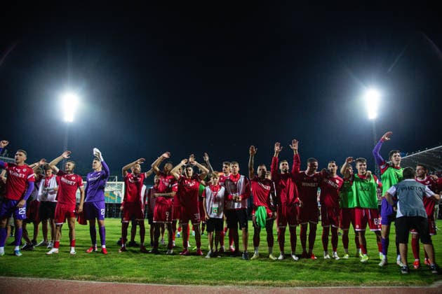 IPA87454956 - CSKA players celebrating after the Europa League qualifying match between PFC CSKA and Maccabi Tel Aviv FC at Vasil Levski National Stadium in Sofia, Bulgaria, on August 13, 2026  Copyright: xIvanxSxIvanov IPAxSportx xx 87454956