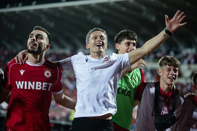 IPA87454957 - CSKA head coach Hristo Yanev celebrating after the Europa League qualifying match between PFC CSKA and Maccabi Tel Aviv FC at Vasil Levski National Stadium in Sofia, Bulgaria, on August 13, 2026  Copyright: xIvanxSxIvanov IPAxSportx xx 87454957