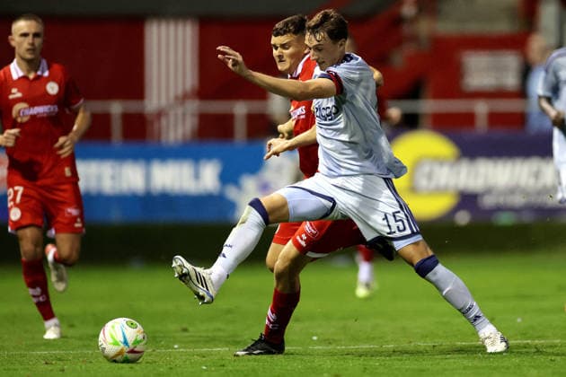 UEFA Conference League Third Qualifying Round Second Leg, Tolka Park, Dublin 13 8 2026 Shelbourne vs Ajax Ajax s Youri Baas and Daniel Ring of Shelbourne Youri Baas and Daniel Ring 13 8 2026  Copyright: xLaszloxGeczox LG_13-08-2026_005236