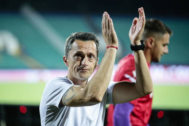 IPA87454960 - CSKA head coach Hristo Yanev celebrating after the Europa League qualifying match between PFC CSKA and Maccabi Tel Aviv FC at Vasil Levski National Stadium in Sofia, Bulgaria, on August 13, 2026  Copyright: xIvanxSxIvanov IPAxSportx xx 87454960