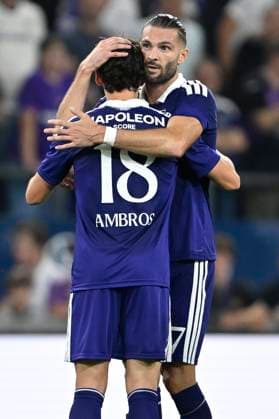 RSC Anderlecht v PAOK - UEFA Europa League ANDERLECHT, BELGIUM - AUGUST 13 : Ambros Lukas midfielder of RSC Anderlecht and Petrot Leo defender of RSC Anderlecht during the UEFA Europa League 2026 27 third qualifying round between RSC Anderlecht and PAOK on August 13, 2026 in Anderlecht, Belgium, 13 08 2026 Anderlecht Belgium  Copyright: xDhax