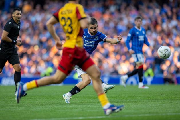 RECORD DATE NOT STATED 12th August 2026; Ibrox Stadium, Glasgow, Scotland; UEFA Europa League Qualifier Football, Rangers versus Jagiellonia Bialystok; Nicolas Raskin of Rangers shoots towards goal VagelisxGeorgariou