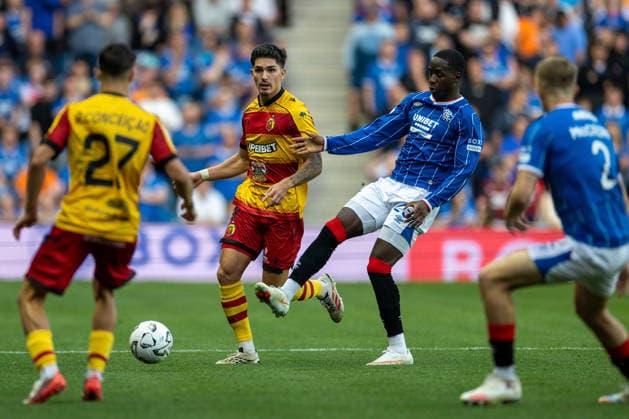 RECORD DATE NOT STATED 12th August 2026; Ibrox Stadium, Glasgow, Scotland; UEFA Europa League Qualifier Football, Rangers versus Jagiellonia Bialystok; Djeidi Gassama of Rangers challenges Cezary Polak of Jagiellonia Bialystok VagelisxGeorgariou