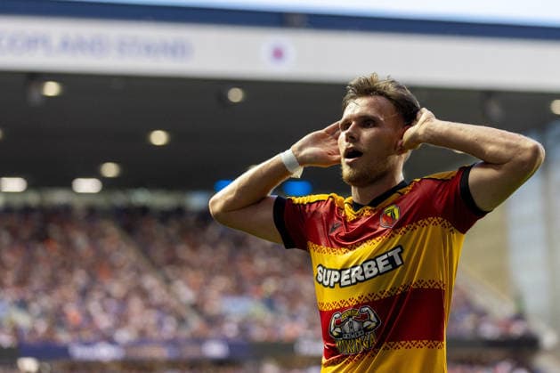 RECORD DATE NOT STATED 12th August 2026; Ibrox Stadium, Glasgow, Scotland; UEFA Europa League Qualifier Football, Rangers versus Jagiellonia Bialystok; Nik Prelec of Jagiellonia Bialystok celebrates after he heads the ball and scores past Ivor Pandur of Rangers in the 65th minute to make it 1-1 VagelisxGeorgariou