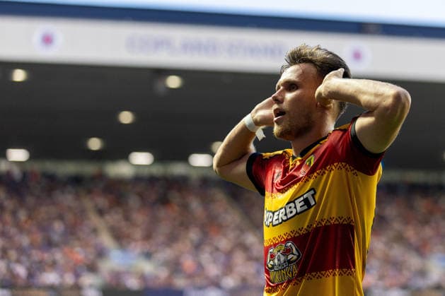 RECORD DATE NOT STATED 12th August 2026; Ibrox Stadium, Glasgow, Scotland; UEFA Europa League Qualifier Football, Rangers versus Jagiellonia Bialystok; Nik Prelec of Jagiellonia Bialystok celebrates after he heads the ball and scores past Ivor Pandur of Rangers in the 65th minute to make it 1-1 VagelisxGeorgariou