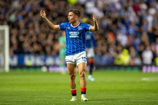 RECORD DATE NOT STATED 12th August 2026; Ibrox Stadium, Glasgow, Scotland; UEFA Europa League Qualifier Football, Rangers versus Jagiellonia Bialystok; Cammy Devlin of Rangers reacts to a decision by the referee VagelisxGeorgariou