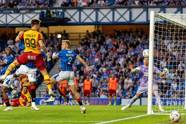 RECORD DATE NOT STATED 12th August 2026; Ibrox Stadium, Glasgow, Scotland; UEFA Europa League Qualifier Football, Rangers versus Jagiellonia Bialystok; Nik Prelec of Jagiellonia Bialystok heads the ball and scores past Ivor Pandur of Rangers in the 65th minute to make it 1-1 VagelisxGeorgariou