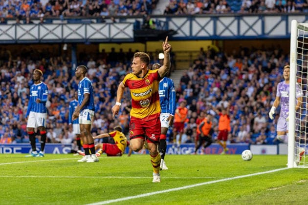 RECORD DATE NOT STATED 12th August 2026; Ibrox Stadium, Glasgow, Scotland; UEFA Europa League Qualifier Football, Rangers versus Jagiellonia Bialystok; Nik Prelec of Jagiellonia Bialystok celebrates after he heads the ball and scores past Ivor Pandur of Rangers in the 65th minute to make it 1-1 VagelisxGeorgariou