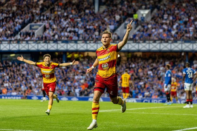 RECORD DATE NOT STATED 12th August 2026; Ibrox Stadium, Glasgow, Scotland; UEFA Europa League Qualifier Football, Rangers versus Jagiellonia Bialystok; Nik Prelec of Jagiellonia Bialystok celebrates after he heads the ball and scores past Ivor Pandur of Rangers in the 65th minute to make it 1-1 VagelisxGeorgariou