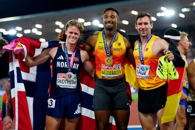 BIRMINGHAM, GREAT BRITAIN - AUGUST 13, 2026 : Podium in the decathlon: Leo NEUGEBAUER (GER Germany), Niklas KAUL (GER Germany) and Sander SKOTHEIM (NOR Norway) during the European Athletics Championships at Alexander Stadium on August 13, 2026 in Birmingham, Great Britain. Great Britain Copyright: xLeahxKohringx
