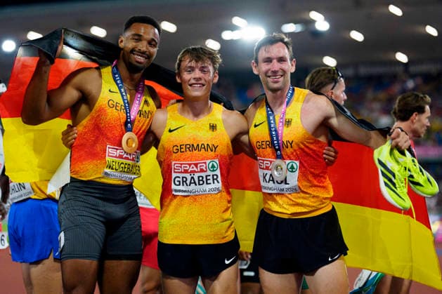 BIRMINGHAM, GREAT BRITAIN - AUGUST 13, 2026 : Leo The German decathletes: NEUGEBAUER (GER Germany), Amadeus GRÄBER (GER Germany) and Niklas KAUL (GER Germany) during the European Athletics Championships at Alexander Stadium on August 13, 2026 in Birmingham, Great Britain. Great Britain Copyright: xLeahxKohringx