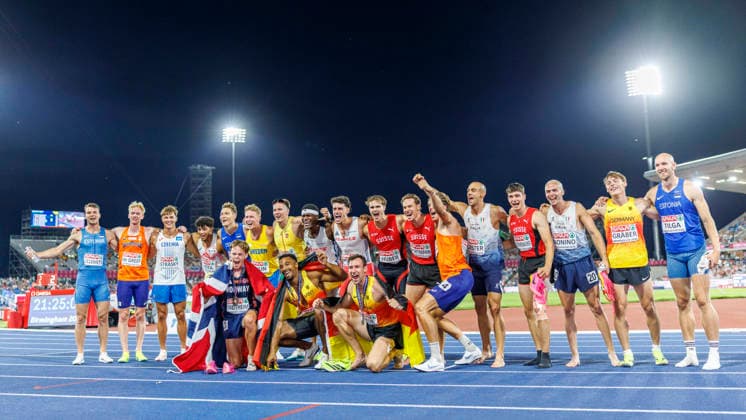 BIRMINGHAM, GREAT BRITAIN - AUGUST 13, 2026: The dacathletes with the winners Leo NEUGEBAUER (GER Germany), Niklas KAUL (GER Germany), Sander SKOTHEIM (NOR Norway) during the European Athletics Championships at Alexander Stadium on August 13, 2026 in Birmingham, Great Britain. Great Britain Copyright: xAxelxKohringx