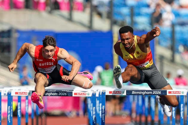 27th European Athletics Championships - Birmingham 2026: Day Four Switzerland s Leon Krummenacher and Germany s Leo Neugebauer compete in the Decathlon Heat 2 110m hurdles event on Day Four of the 2026 European Athletics Championships at the Alexander Stadium, Perry Bar, Birmingham, England, on August 12, 2026. Perry Bar Birmingham United Kingdom  Copyright: xMIxNewsx originalFilename:fletcher-european260813_npNF9.jpg