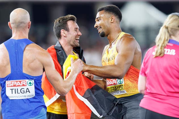 BIRMINGHAM, GREAT BRITAIN - AUGUST 13, 2026: Niklas KAUL (GER Germany Silver) and Leo NEUGEBAUER (GER Germany Gold))in the decathlon during the European Athletics Championships at Alexander Stadium on August 13, 2026 in Birmingham, Great Britain. Great Britain Copyright: xAxelxKohringx