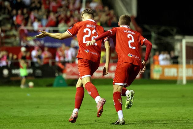 UEFA Conference League Third Qualifying Round Second Leg, Tolka Park, Dublin 13 8 2026 Shelbourne vs Ajax Shelbourne s Sean Moore celebrates scoring his side™s second goal Sean Moore celebrates scoring his side™s second goal 13 8 2026  Copyright: xLaszloxGeczox LG_13-08-2026_005417