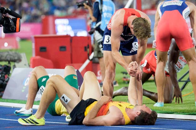 BIRMINGHAM, GREAT BRITAIN - AUGUST 13, 2026 : Sander SKOTHEIM (NOR Norway) congrats Niklas KAUL (GER Germany) after the decathlon during the European Athletics Championships at Alexander Stadium on August 13, 2026 in Birmingham, Great Britain. Great Britain Copyright: xLeahxKohringx