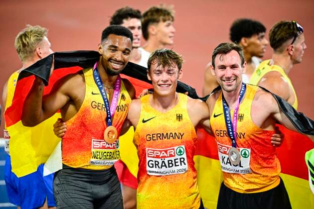 Leo NEUGEBAUER (Germany, VfB Stuttgart, 100m DECATHLON Men), Amadeus GRAEBER (Germany, Eintracht Frankfurt, 100m DECATHLON Men), Niklas KAUL (Germany, USC Mainz, 100m DECATHLON Men) GBR, European Athletics Championships, Athletics, 13.08.2026, GBR, European Athletics Championships, Athletics, 13.08.2026, Birmingham *** Leo NEUGEBAUER, Germany, VfB Stuttgart, Men s 100m Decathlon, Amadeus GRAEBER, Germany, Eintracht Frankfurt, Men s 100m Decathlon, Niklas KAUL Germany, USC Mainz, Men s 100m Decathlon GBR, European Athletics Championships, Athletics, August 13, 2026, GBR, European Athletics Championships, Athletics, August 13, 2026, Birmingham Copyright: xEibnerxPressefoto JanxPapenfussx EP_JPS